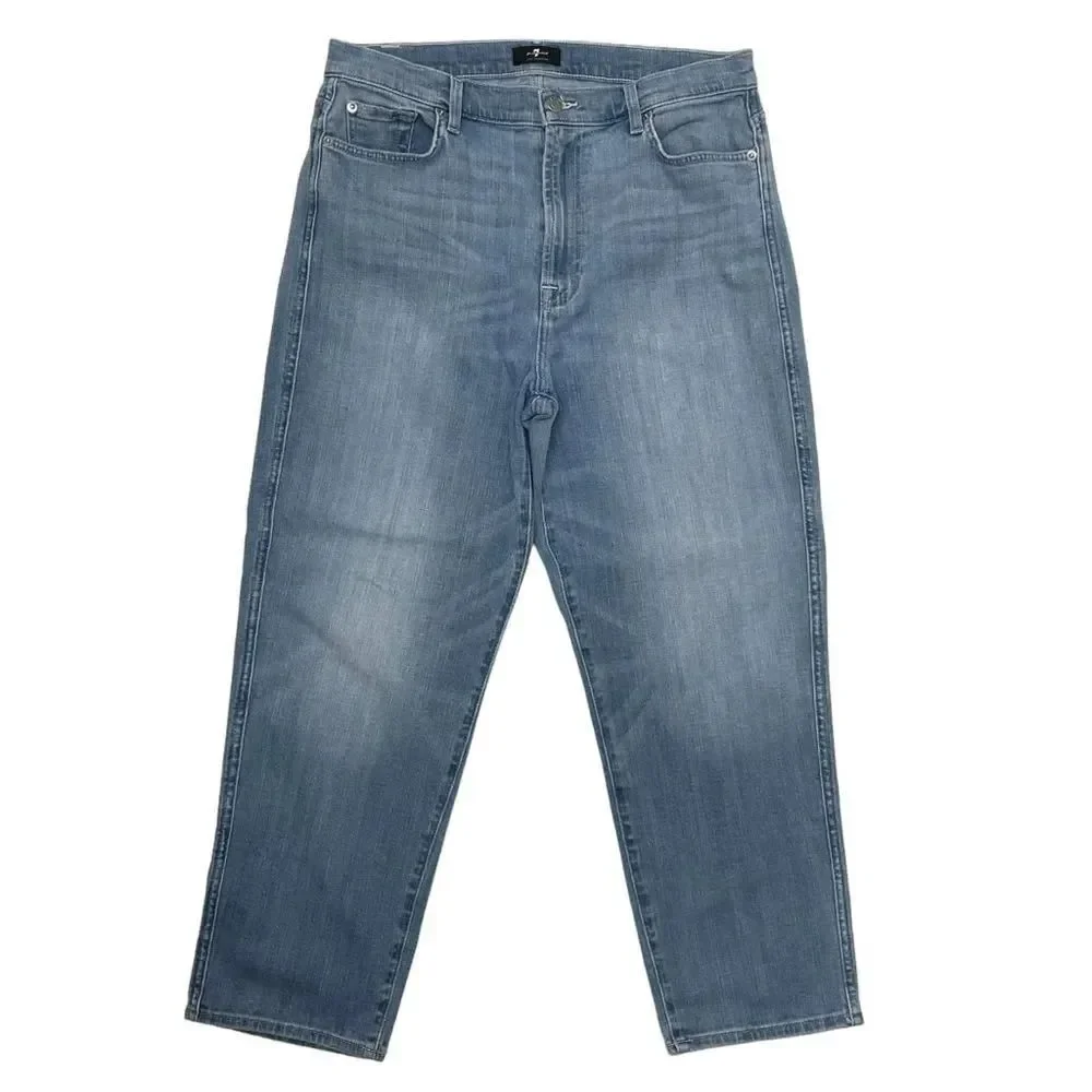 7 for all Mankind, High Waist Cropped Straight leg jeans, size 32. light blue